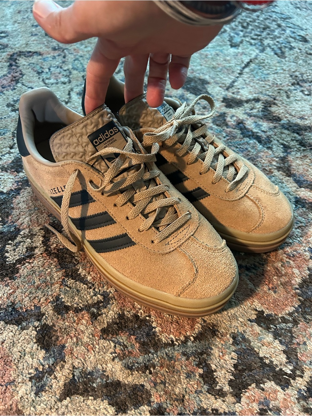 Adidas women’s Gazelle Platform Tan Suede Sneakers with Black Stripes